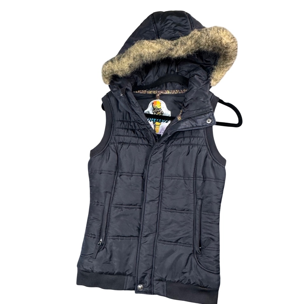 Burton Dryride Black Puffer Vest Faux Fur‎ Hood Quilted Gorpcore Womens Small